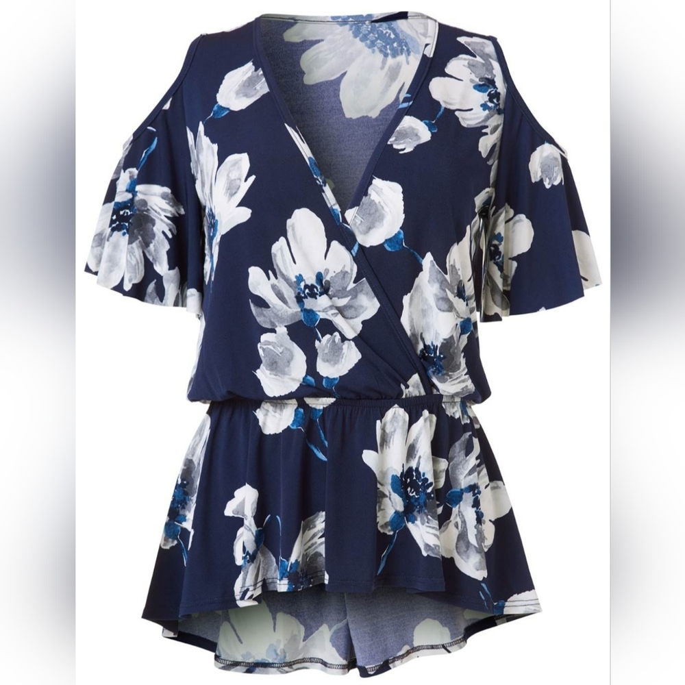 Venus Blue and White Floral Cold-Shoulder Top, Size L - Picture 2 of 10